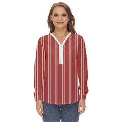 Stripes-red Zip Up Long Sleeve Blouse