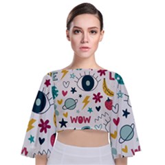 Wallpaper-love-eye Tie Back Butterfly Sleeve Chiffon Top by nateshop