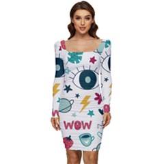 Wallpaper-love-eye Women Long Sleeve Ruched Stretch Jersey Dress