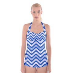 Waves-blue White Boyleg Halter Swimsuit  by nateshop