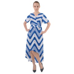 Waves-blue White Front Wrap High Low Dress by nateshop