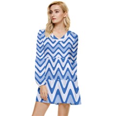 Waves-blue White Tiered Long Sleeve Mini Dress by nateshop