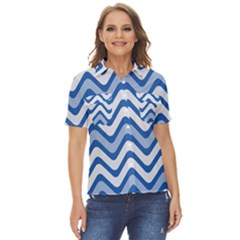 Waves-blue White Women s Short Sleeve Double Pocket Shirt