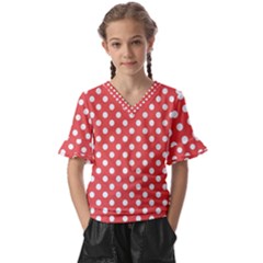 Polka-dots-red White,polkadot Kids  V-neck Horn Sleeve Blouse by nateshop