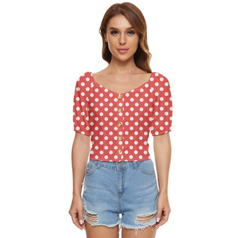 Polka-dots-red White,polkadot Button Up Blouse by nateshop