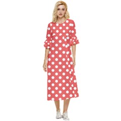 Polka-dots-red White,polkadot Double Cuff Midi Dress by nateshop