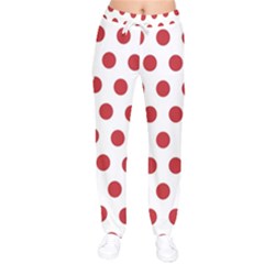 Polka-dots-white Red Women Velvet Drawstring Pants by nateshop