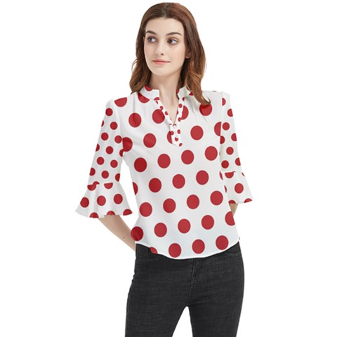 Polka-dots-white Red Loose Horn Sleeve Chiffon Blouse by nateshop