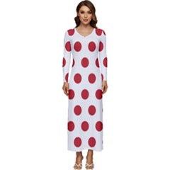 Polka-dots-white Red Long Sleeve Velour Longline Maxi Dress