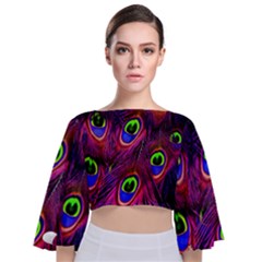 Peacock-feathers Tie Back Butterfly Sleeve Chiffon Top by nateshop