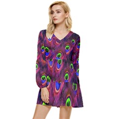 Peacock-feathers Tiered Long Sleeve Mini Dress by nateshop