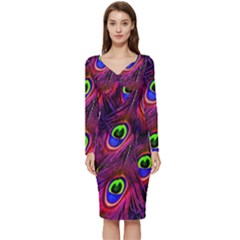 Peacock-feathers Long Sleeve V-neck Bodycon Dress 