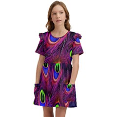 Peacock-feathers Kids  Frilly Sleeves Pocket Dress