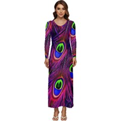 Peacock-feathers Long Sleeve Velour Longline Maxi Dress