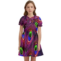 Peacock-feathers Kids  Bow Tie Puff Sleeve Dress