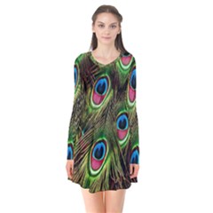 Peacock-army Long Sleeve V-neck Flare Dress by nateshop