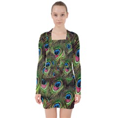 Peacock-army V-neck Bodycon Long Sleeve Dress by nateshop