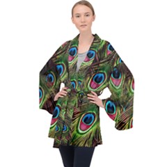 Peacock-army Long Sleeve Velvet Kimono  by nateshop