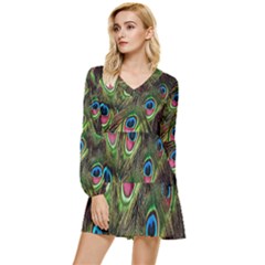 Peacock-army Tiered Long Sleeve Mini Dress by nateshop