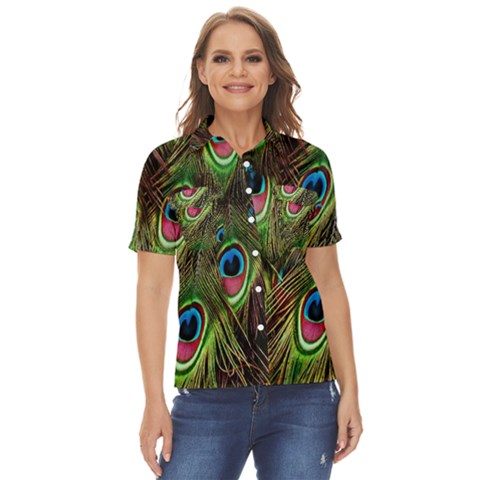 Peacock-army Women s Short Sleeve Double Pocket Shirt by nateshop