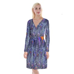 Peacock-feathers-blue Long Sleeve Velvet Front Wrap Dress by nateshop