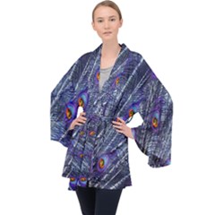 Peacock-feathers-blue Long Sleeve Velvet Kimono  by nateshop