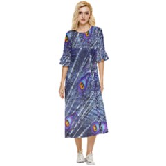 Peacock-feathers-blue Double Cuff Midi Dress by nateshop