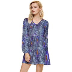 Peacock-feathers-blue Tiered Long Sleeve Mini Dress by nateshop