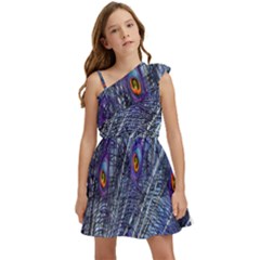 Peacock-feathers-blue Kids  One Shoulder Party Dress