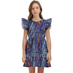 Peacock-feathers-blue Kids  Winged Sleeve Dress