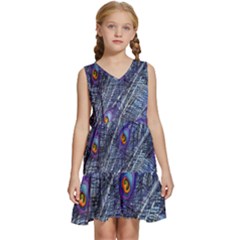 Peacock-feathers-blue Kids  Sleeveless Tiered Mini Dress