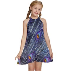 Peacock-feathers-blue Kids  Halter Collar Waist Tie Chiffon Dress by nateshop