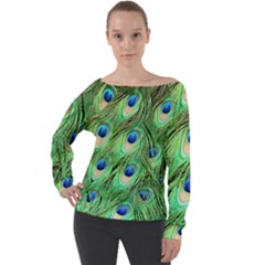 Peacock-green Off Shoulder Long Sleeve Velour Top by nateshop