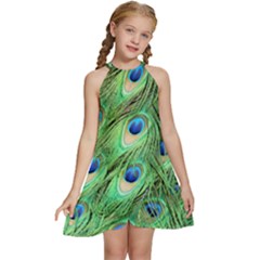 Peacock-green Kids  Halter Collar Waist Tie Chiffon Dress by nateshop