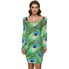 Peacock-green Women Long Sleeve Ruched Stretch Jersey Dress