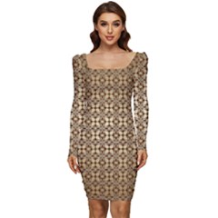 Background-chevron Chocolate Women Long Sleeve Ruched Stretch Jersey Dress