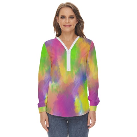 Abstract-calarfull Zip Up Long Sleeve Blouse by nateshop