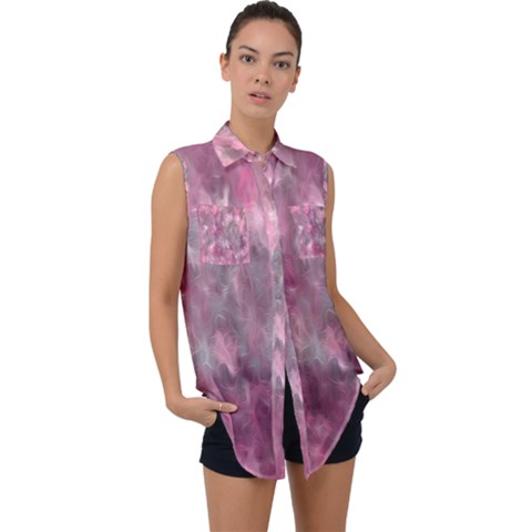 Abstract-pink Sleeveless Chiffon Button Shirt by nateshop