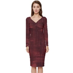 Background-maroon Long Sleeve V-neck Bodycon Dress  by nateshop