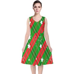 Background-green Red Star V-neck Midi Sleeveless Dress  by nateshop