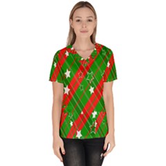 Background-green Red Star Women s V-neck Scrub Top by nateshop