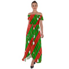 Background-green Red Star Off Shoulder Open Front Chiffon Dress by nateshop