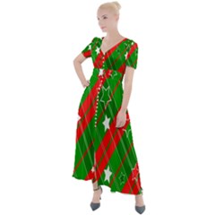 Background-green Red Star Button Up Short Sleeve Maxi Dress by nateshop