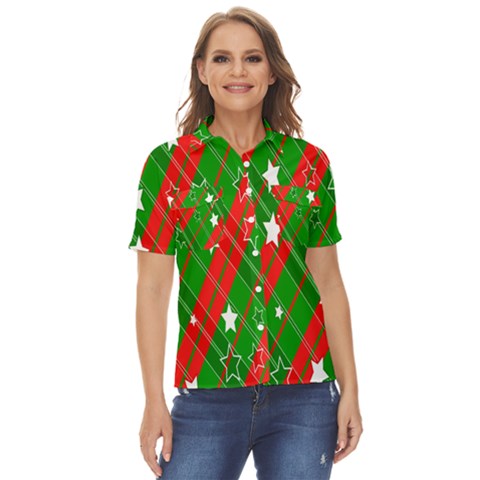 Background-green Red Star Women s Short Sleeve Double Pocket Shirt by nateshop