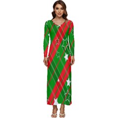 Background-green Red Star Long Sleeve Velour Longline Maxi Dress by nateshop