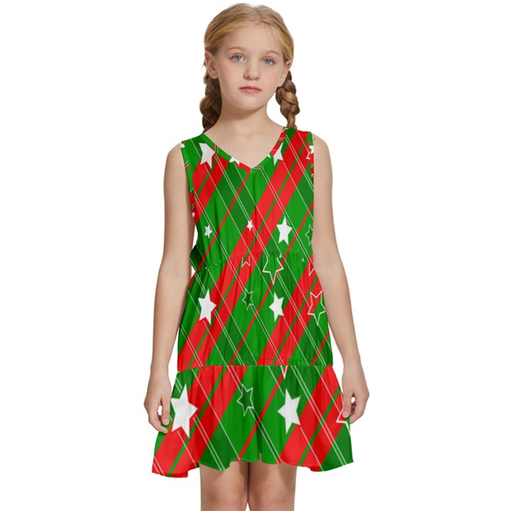 Background-green Red Star Kids  Sleeveless Tiered Mini Dress