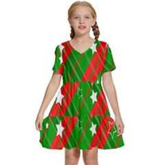 Background-green Red Star Kids  Short Sleeve Tiered Mini Dress by nateshop