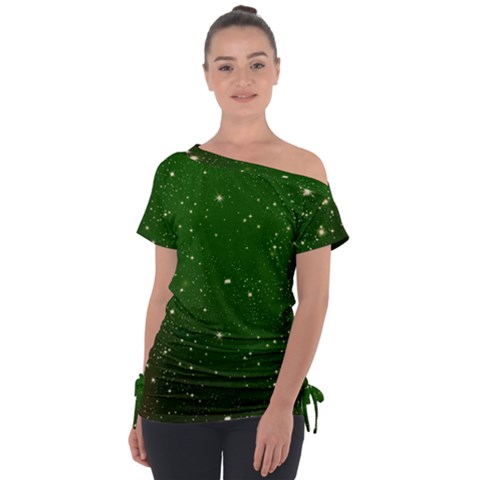 Background-star -green Off Shoulder Tie-up Tee by nateshop