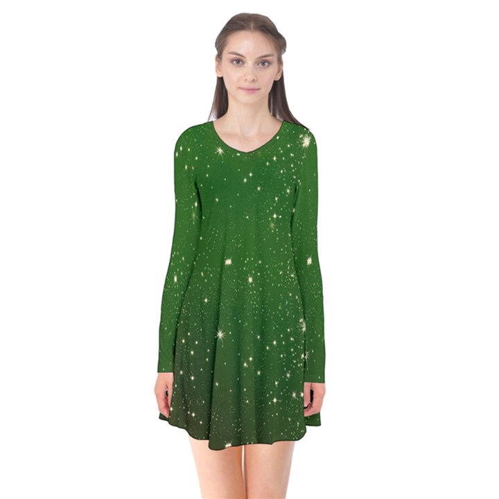 Background-star -green Long Sleeve V-neck Flare Dress