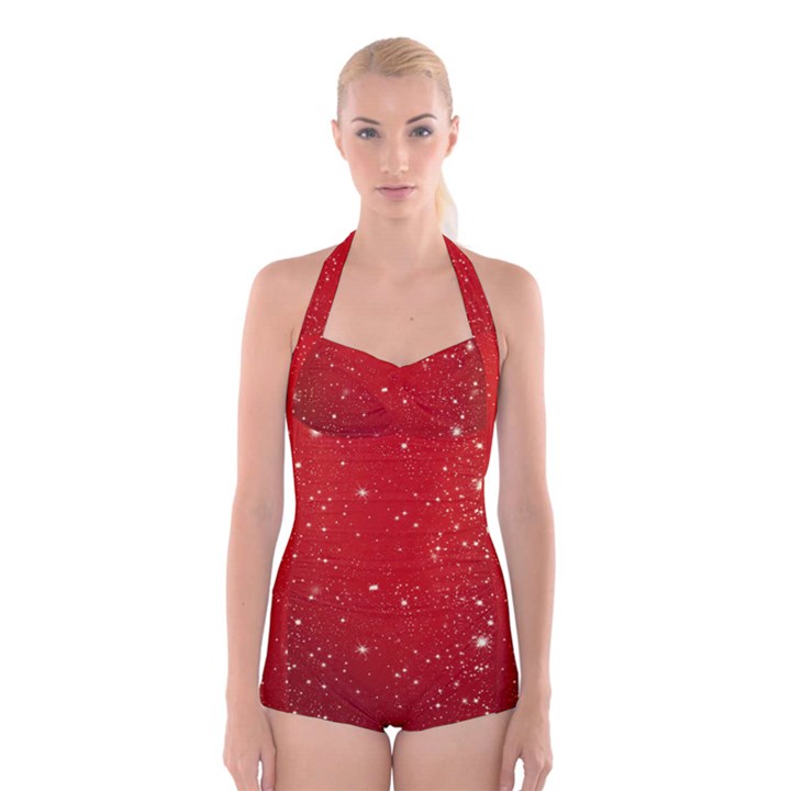 Background-star-red Boyleg Halter Swimsuit 